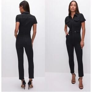 Good American Fit for Success Short Sleeve Jumpsuit Black Denim size 4 (XL)